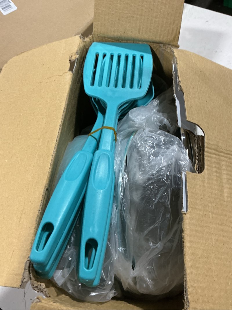 Condition photo showing Good Condition for non-stick cookware set, portable lightweight cast iron pots and pans with glass lids and nylon utensils - 13 piece set, outdoor camping picnic travel?blue?