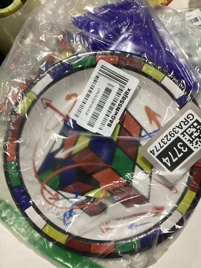 Condition photo showing Good Condition for 96 pcs 3d cube supplies?colorful cube party paper plates, napkins and forks disposable magic cube decoration for smart fun serves 24 guests.