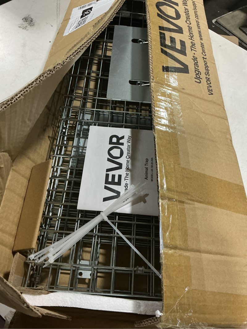 Condition photo showing As Is for vevor live animal cage trap, 31" x 10" x 12" humane cat trap galvanized iron, folding animal trap with handle for rabbits, stray cats, squirrels, raccoons, groundhogs and opossums