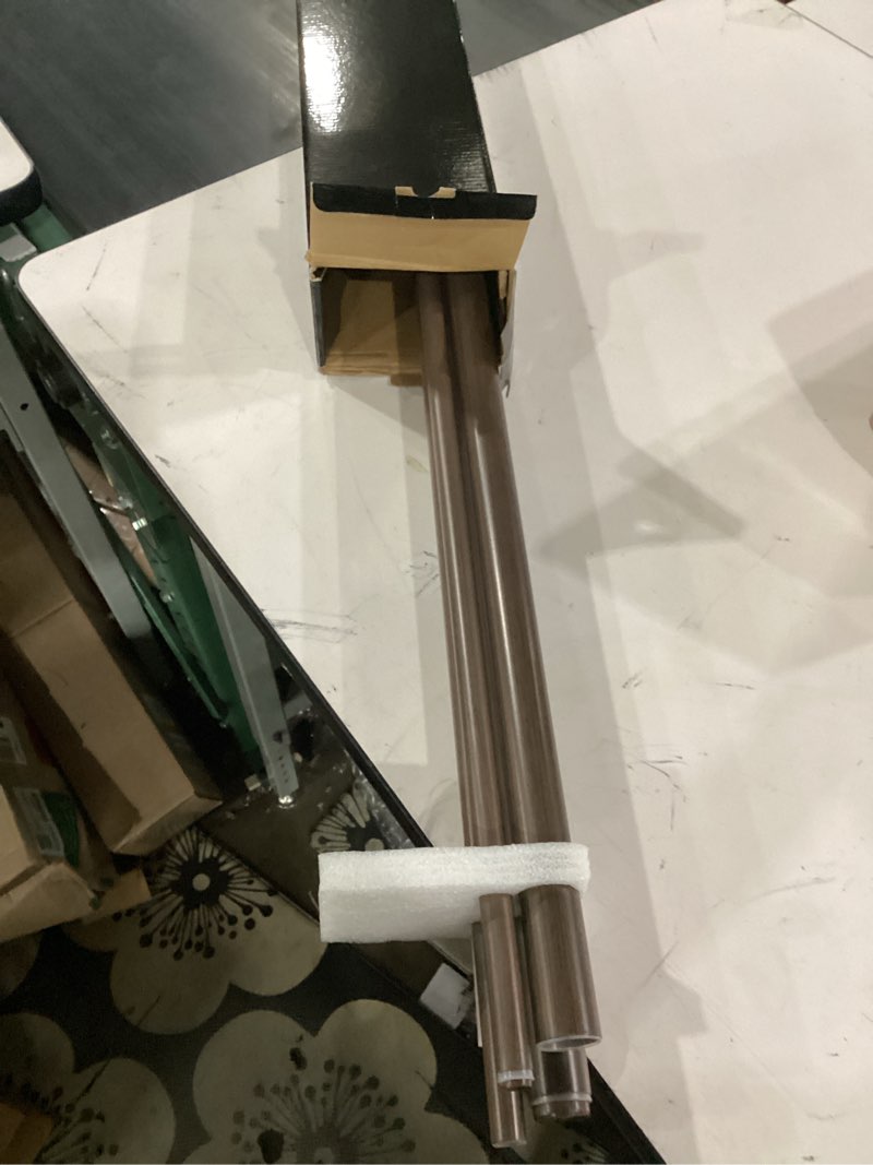 Condition photo showing Good Condition for 1-1/8 inch diameter dark walnut curtain rods with cap finial, 72-144'' telescoping faux wood design double curtain rods for window width 68-140 inch, 1 pack dark walnut 72-144''