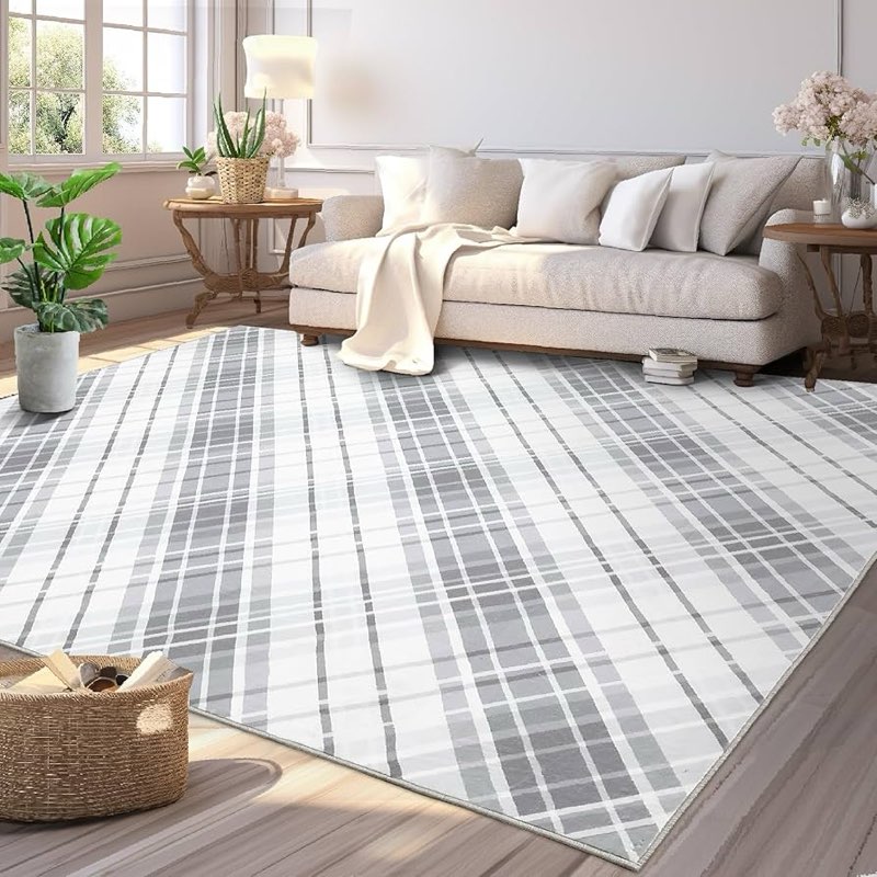 8’x10’ Area Rugs for Living Room Modern Plaid Washable Rug Indoor Soft Low Pile Bedroom Rug Non Slip Backing Print Carpet Foldable Thin Rugs for Dining Room Home Office Nursery Playroom, Gray