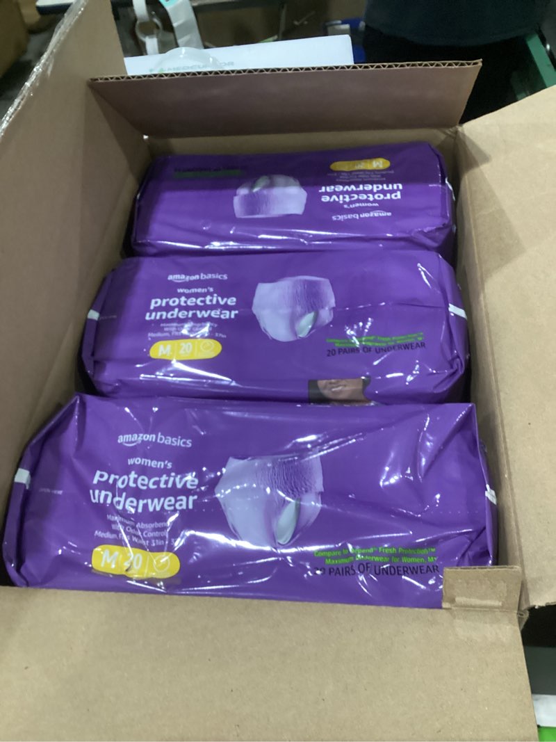 Condition photo showing New/Like New for amazon basics incontinence underwear for women, protective, disposable, postpartum, maximum absorbency, medium, lavender, 60 count (3 packs of 20) medium 60.0