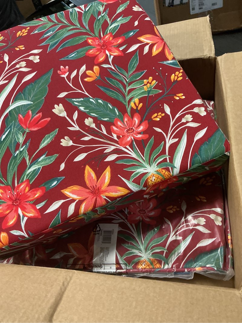 Condition photo showing Good Condition for arden earthfiber outdoor foam deep seat cushion (2-pack), 24x24, premium high-density foam, never flattens, weather-proof for patio chair sofa couch, luau red tropical floral certi-pur foam luau red tropical floral 2 pack