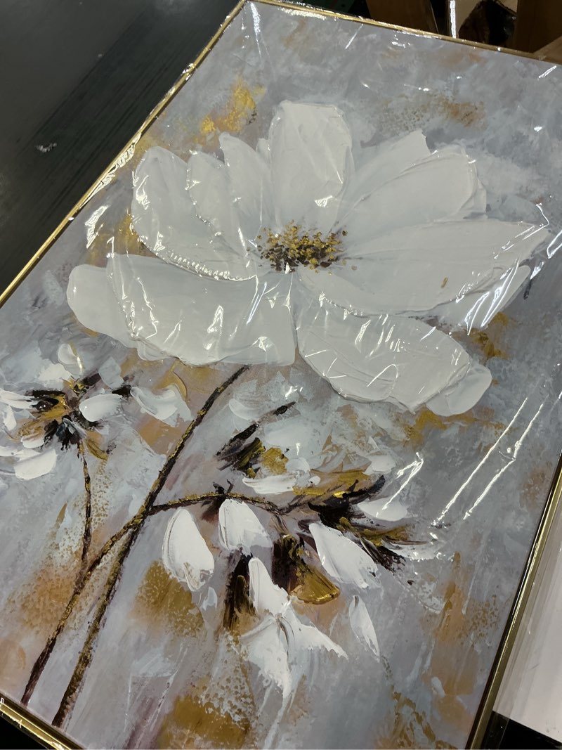 Condition photo showing As Is for Large Hand Painted Flower Oil Painting for Ofiice-3D White Floral Canvas Wall Art for Bedroom- Framed Modern Artwork for Living Room Home Decoration 32x48inches GADP-304 32x48inches x1