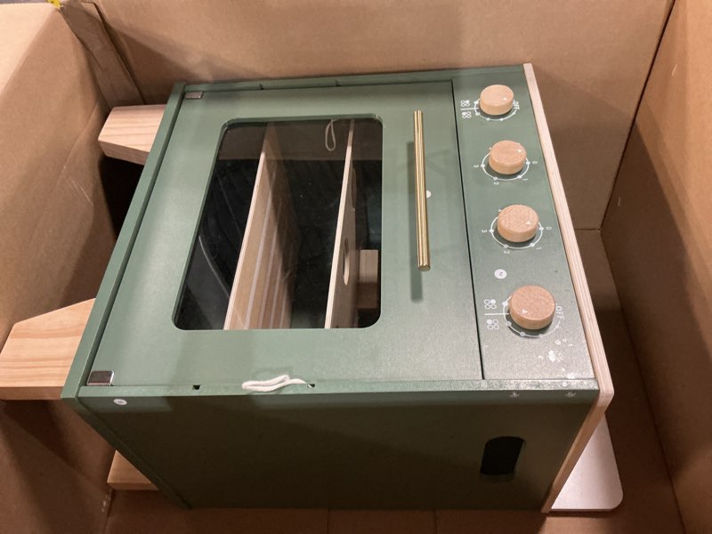Condition photo showing As Is for (( missing pieces ))ROBOTIME Wooden Toy Oven Play Kitchen Set, Kids Kitchen Playset with Play Food, Pretend Play Oven Wooden Toy Kitchen Set for Toddlers Boys Girls(Vintage Green)