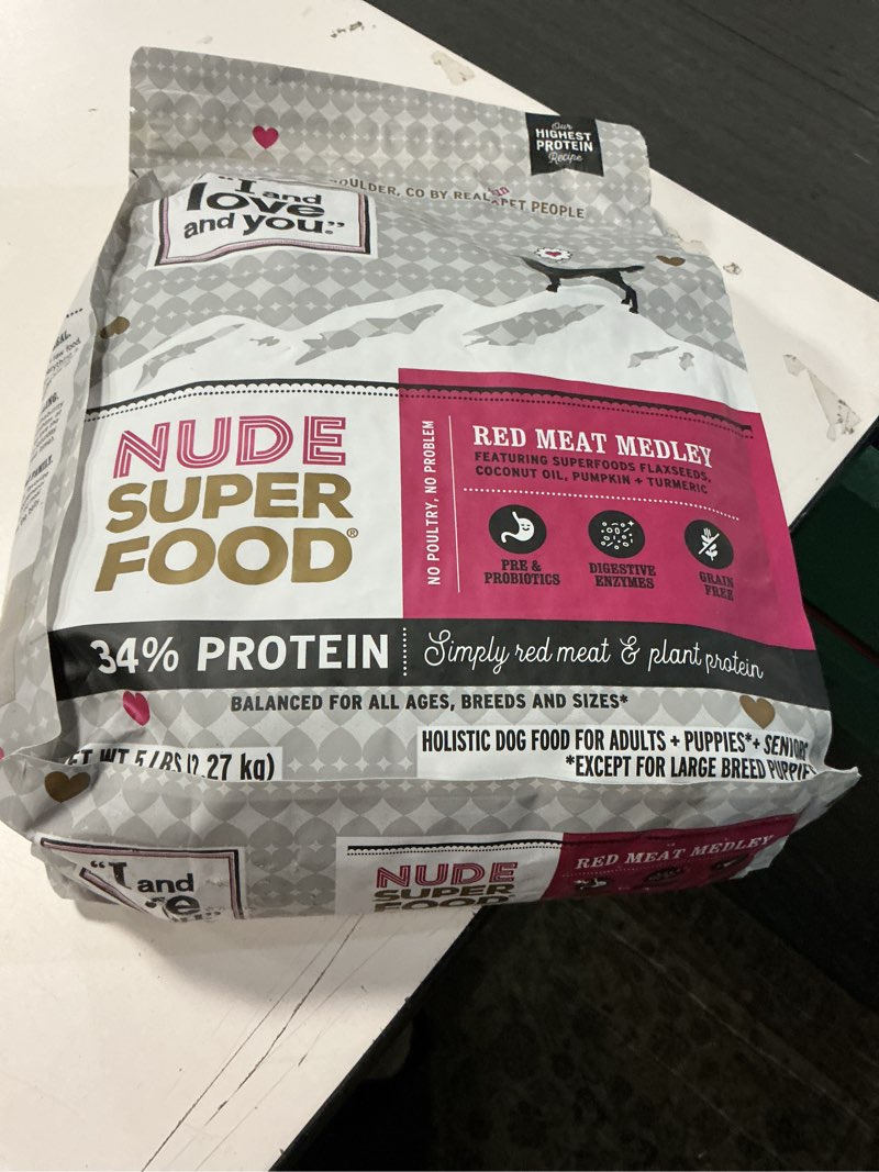 Condition photo showing New/Like New for I and love and you Nude Super Food Dry Dog Food - Red Meat Medley - Prebiotic + Probiotic, Grain Free, Real Meat, No Fillers, 5lb Bag Red Meat Medley 5 Pound (Pack of 1)