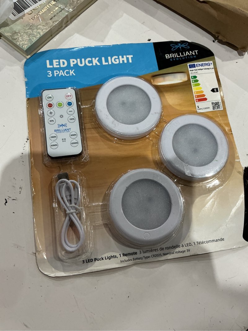 Condition photo showing Good Condition for brilliant evolution rechargeable puck lights - dimmable led push lights with remote - furniture safe adhesive included - 3000k warm white/6000k cool white - 3.1x0.7 inch - rechargeable - 3 pack pack of 3 (rechargeable)