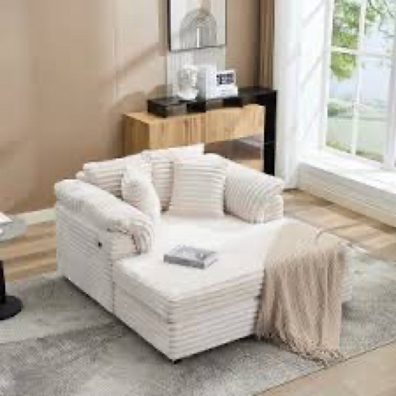 59" Oversized Chaise Lounge Chair Indoor, Comfy Corduroy Cloud Sleeper Couch with USB Port, Throw Pi