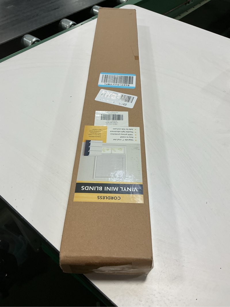 Condition photo showing New/Like New for 100% Privacy L-Shaped Blades Mini Blinds for Indoor Windows 1" Vinyl Cordless Window Blinds for Home, 26" W × 48" H - White White 26" W × 48" H