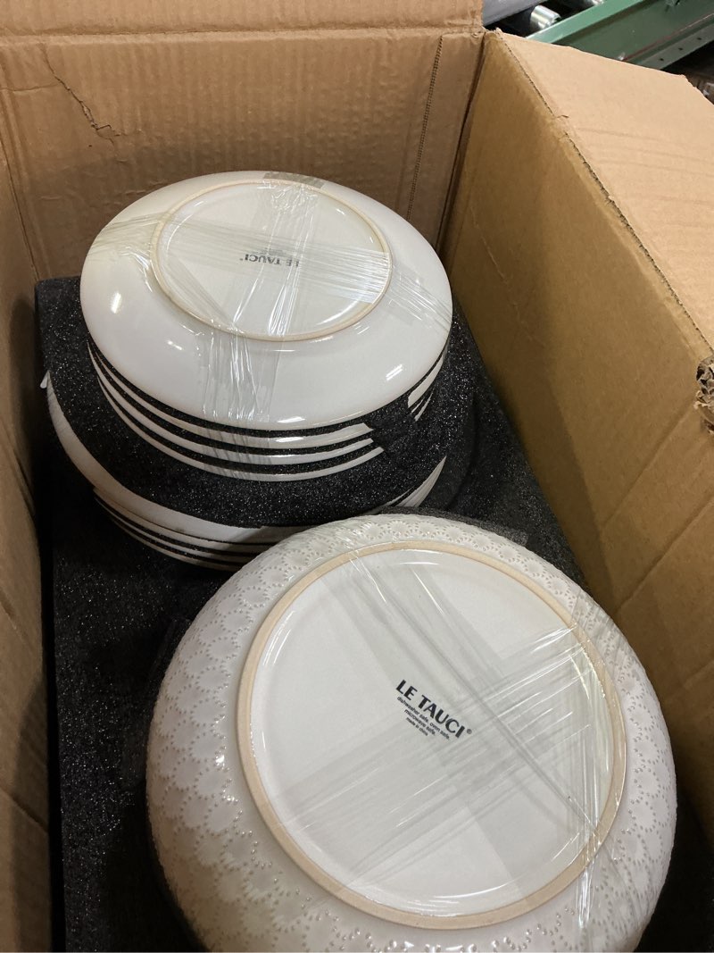 Condition photo showing New/Like New for LE TAUCI Dinnerware Sets 16 PCS, Ceramic Plates and Bowls Set, Suit For House Warming Wedding, Serve for 4 (10" Dinner Plates + 8" Salad Dish + 22 oz Cereal Bowl+32 oz Pasta Bowls) x 4, Arctic White Dinnerware 16 PCS