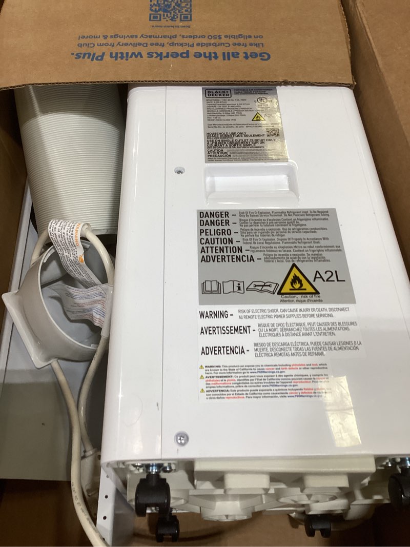 Condition photo showing As Is for BLACK+DECKER Portable Air Conditioner, 8,500 BTU for Rooms Up To 350 Sq. Ft., Portable AC with Full Function Remote Control & Window Kit, BPACT05SM, White