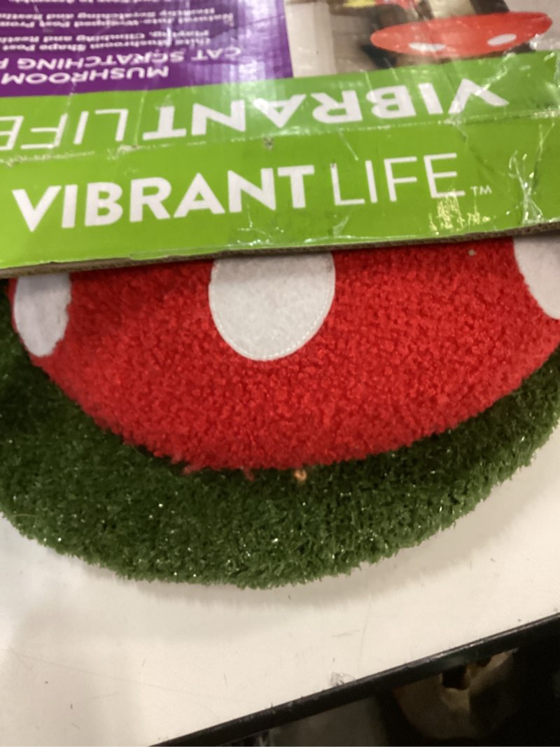 Condition photo showing New/Like New for vibrant life deluxe jute mushroom cat scratching post with dangling bird toy  multicolor