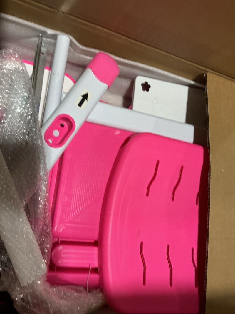 Condition photo showing Good Condition for Diroan Kids Functional Desk and Chair Set, Ergonomic Height Adjustable Children School Study Desk with Tilt Desktop, Book Stand, LED Light, Metal Hook and Storage Drawer for Boys Girls(Pink) Large Pink