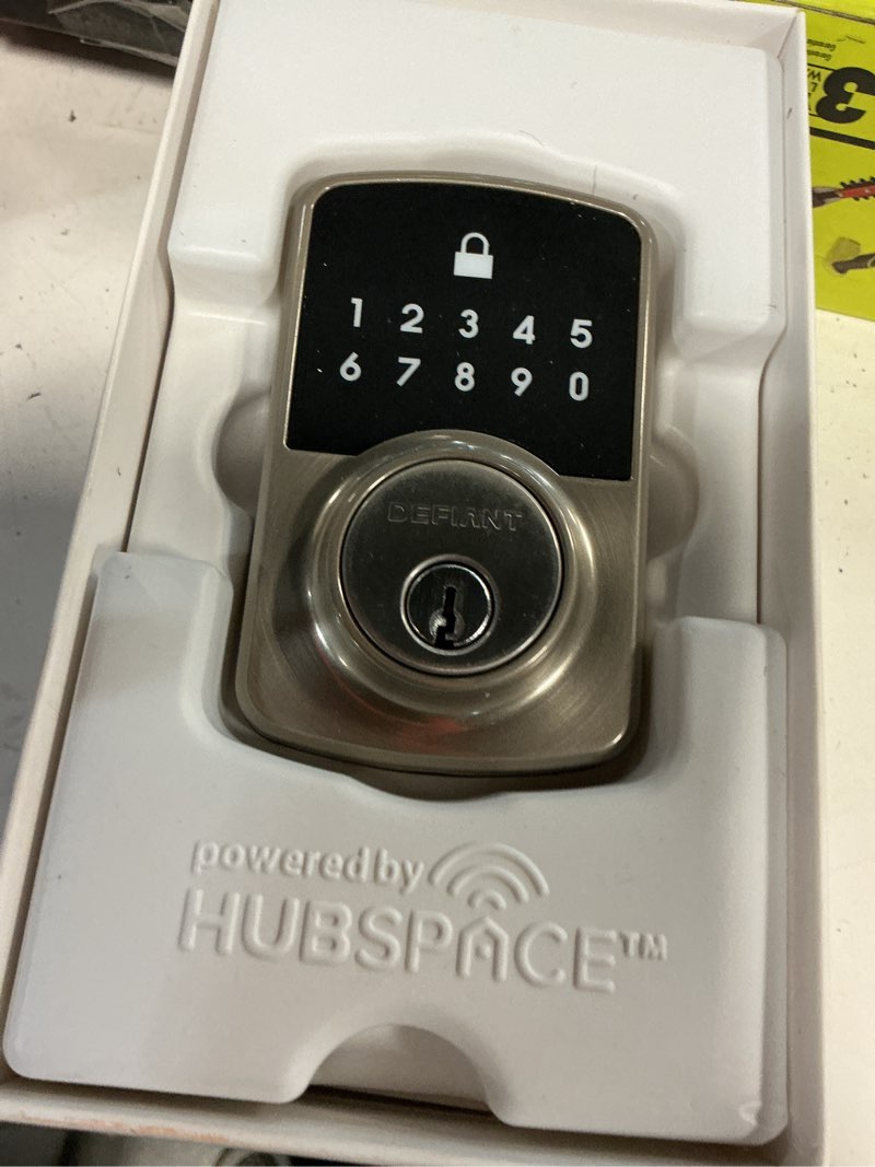Condition photo showing As Is for defiant square compact satin nickel electronic single cylinder deadbolt wi-fi enabled powered by hubspace