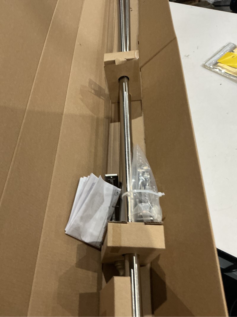 Condition photo showing As Is for origin 21 72-in to 144-in brushed nickel iron single curtain rod with finials