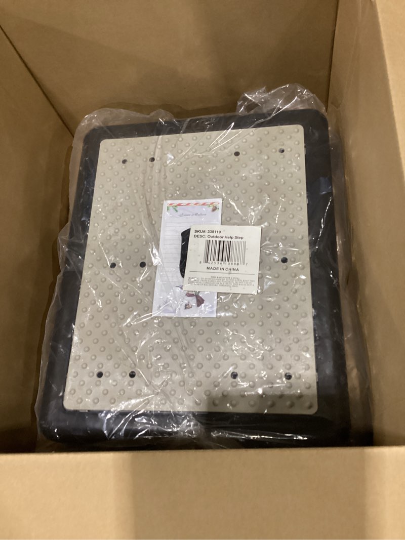 Condition photo showing New/Like New for Non-Slip Indoor/Outdoor 4 Inch Height Mobility Platform Step, Grooved Surface for Added Traction, Drainage Holes – Supports Up to 400 Pounds, Measures 19 1/4" L x 15 1/2" W x 4" H