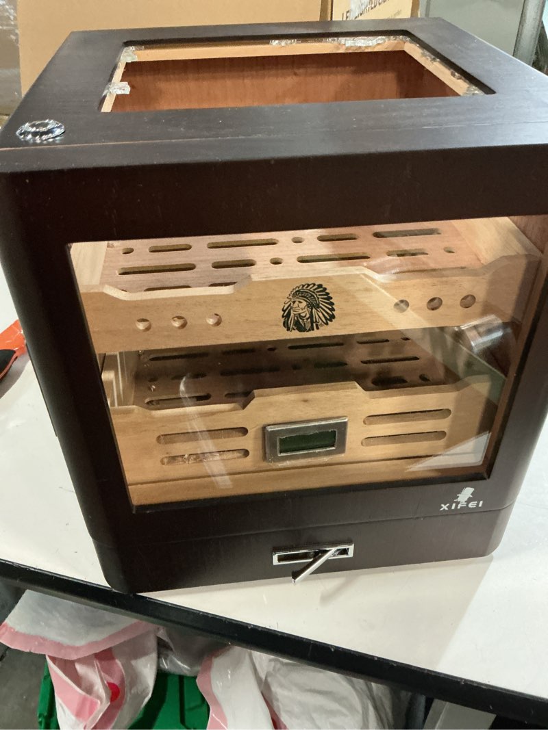Condition photo showing As Is for XIFEI Cigar Humidor Cabinet, Glass Top & Adjustable LED Lighting, Digital Hygrometer, 2 Humidifiers, Cigar Tube, Desktop Cedar Wood Humidor with Accessory Drawer for 80-100 Cigars, Ideal Men's Gift Dark Brown
