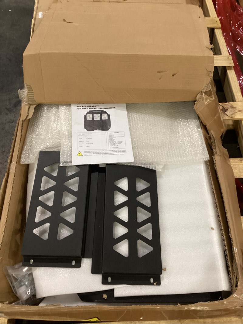Condition photo showing As Is for melipron van partition bulkhead fit for ford transit 150 250 350 mid roof with door handle, acrylic custom window board black partition with lock