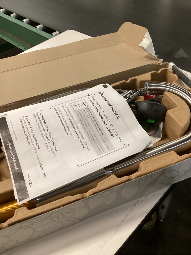 Condition photo showing As Is for american standard 7421300.075 raviv pull-down kitchen faucet with sprayer and soap dispenser, 1.8 gpm, stainless steel