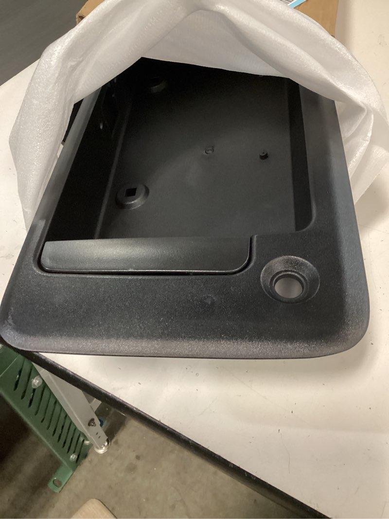 Condition photo showing Good Condition for exterior door handle, compatible with 1996-2015 chevy express gmc savana 1500 2500 3500 van, rear right cargo door handle with license plate bracket holder housing | 15269298 25866289 tailgate handle license plate bracket black