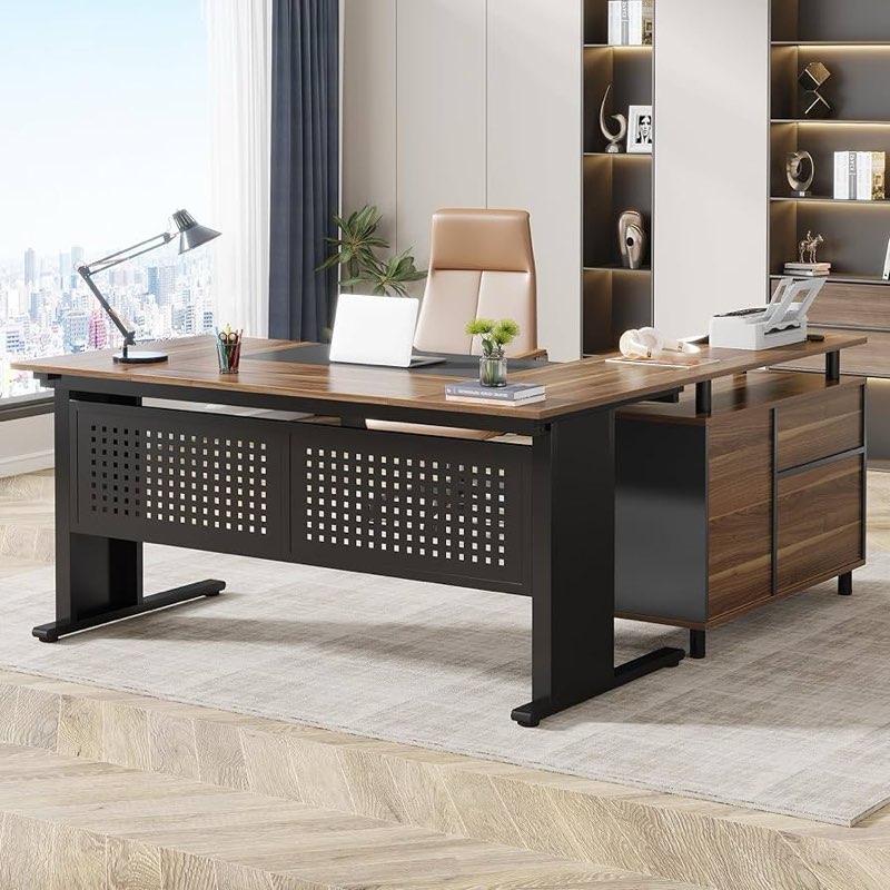 63-Inch Modern Executive Desk for Home Office, Dark Walnut & Black(incomplete)