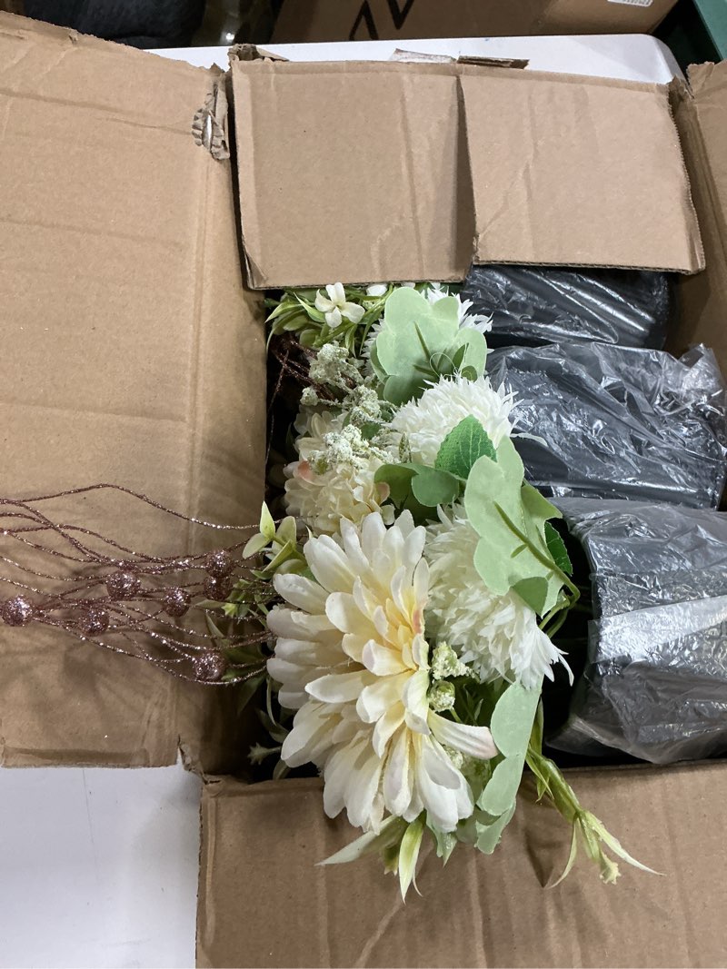 Condition photo showing New/Like New for party table centerpieces - set of 6 pre-made daisy floral arrangements with black metal vase for birthday, baby shower, events celebration decorations - ivory white & rose gold ivory white & rose gold set of 6 flowers table centerpieces