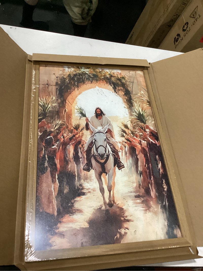 Condition photo showing Good Condition for jesus triumph wall art spiritual jesus palm sunday wall decor painting christian triumphal religious artwork 3d textured hand drawn sandstone for bedroom living prayer room 16x24 inch wood framed 24"l x 16"w jesus triumphal