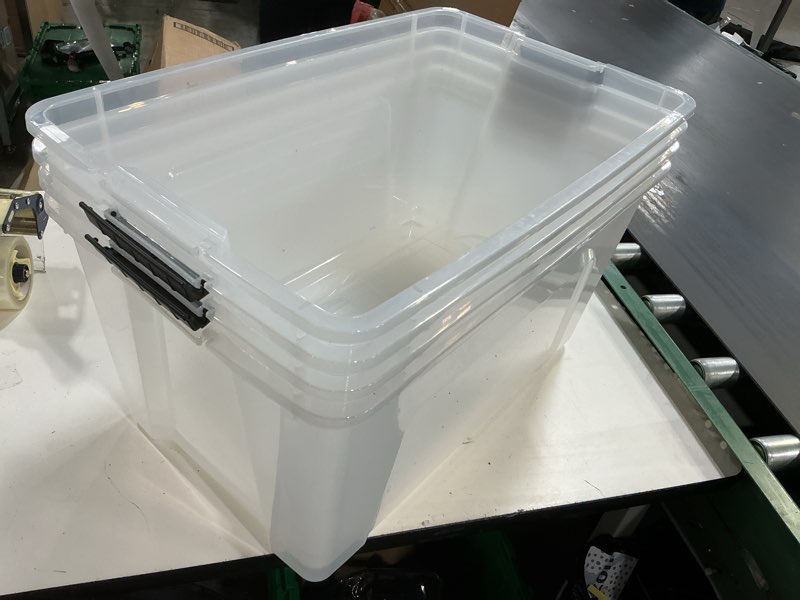 Condition photo showing As Is for iris usa 72 qt plastic storage box with lid and latches - 4 pack - bpa-free, see-through organizing solution, durable nestable stackable containers, secure pull handle - clear clear 72 qt 4 pack