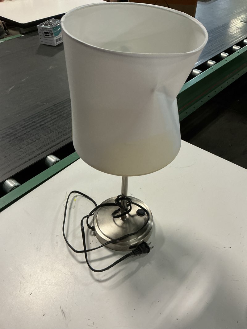 Condition photo showing As Is for mainstays 19" height silver finish metal material stick lamp with usb port, modern, office and dorm
