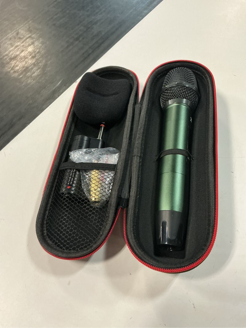 Condition photo showing Good Condition for rechargeable wireless microphone, two metal uhf microphones with 1/4" receiver, plug-and-play for karaoke singsing, lecture, stage performance, pa system (green - one mic)