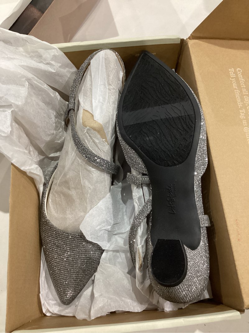 Condition photo showing New/Like New for Life Stride Womens Minimalist Pump 6.5 Wide Pewter Shimmer