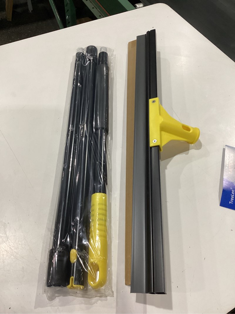 Condition photo showing New/Like New for floor squeegee for concrete and tile cleaning, 24'' rubber wiper broom, large heavy duty water scraper with 60'' long handle for garage, deck, bathroom, shower glass, window yellow 24in