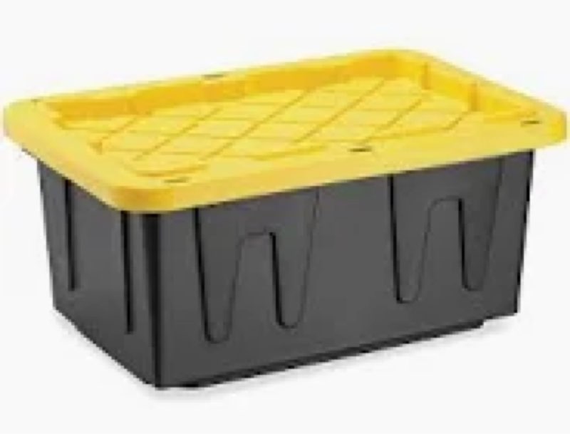 plastic 5-gallon storage tote with lockable lid, stackable tough regular-duty bin for garage, tools, 3 pack 