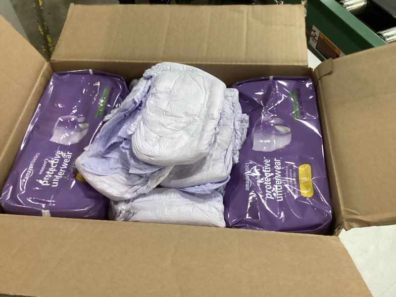 Condition photo showing As Is for amazon basics postpartum incontinence underwear for women, maximum absorbency with bladder leak protection, fresh protection, disposable, large, lavender, 18 count large, 54 total