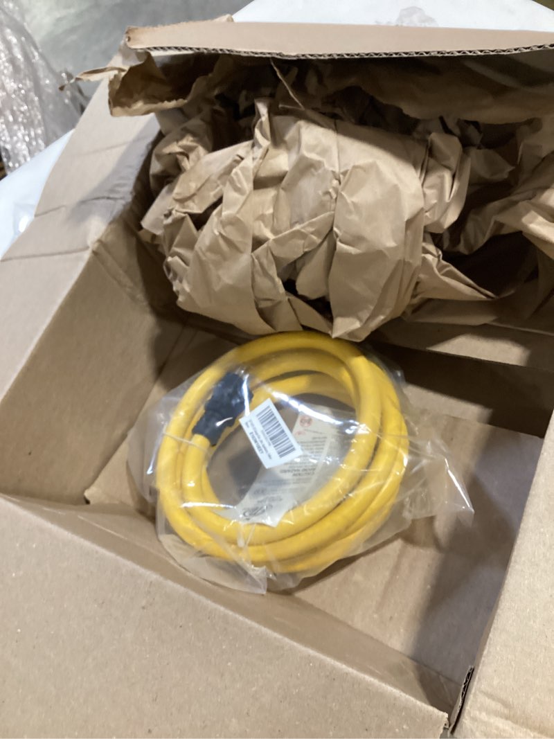 Condition photo showing As Is for 12 gauge 10 ft heavy duty outdoor extension cord waterproof yellow | 10 foot waterproof with lighted end, flexible and cold resistant, 3 prong extension cord yellow, 15amp 1875w sjtw, etl listed 10ft