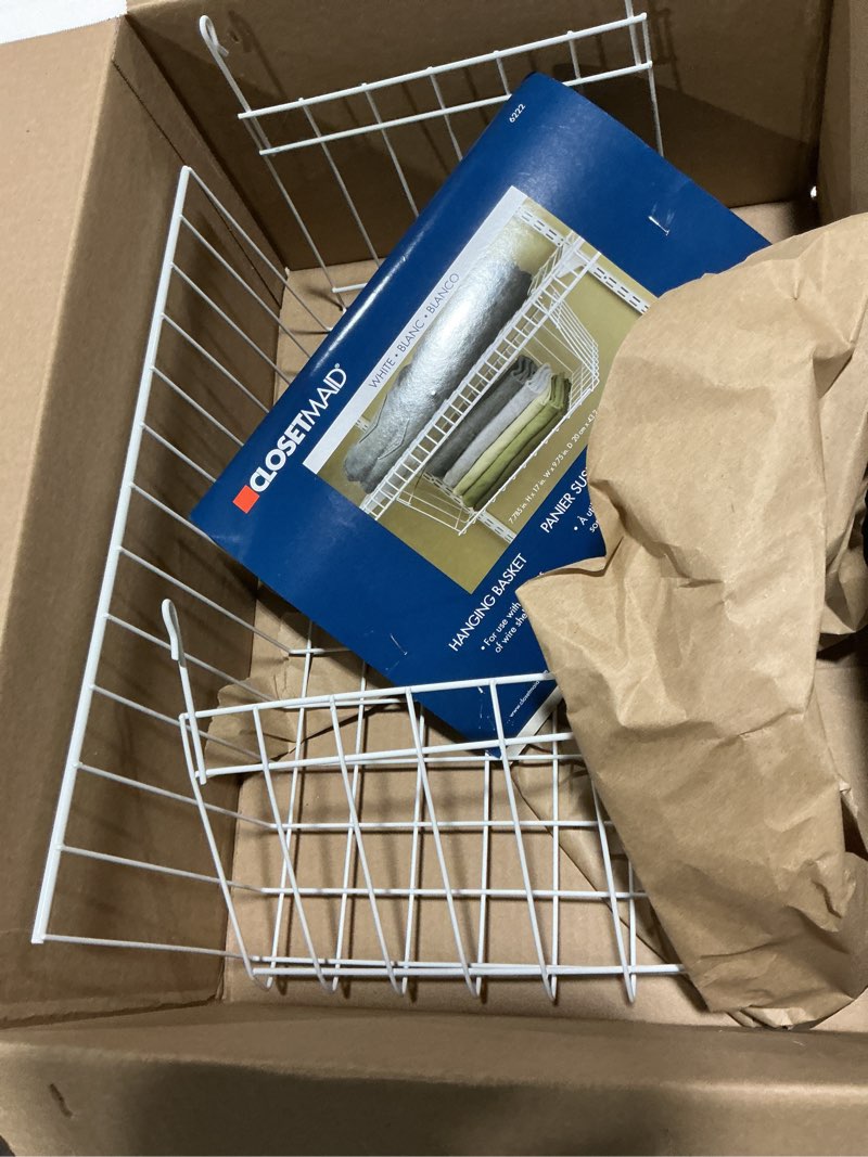 Condition photo showing As Is for ClosetMaid Wire Hanging Shelf Basket for Storage, Organization in Closet or Pantry, No Assembly or Installation, Durable, 10.68"D x 18.39"W x 7.99"H, White