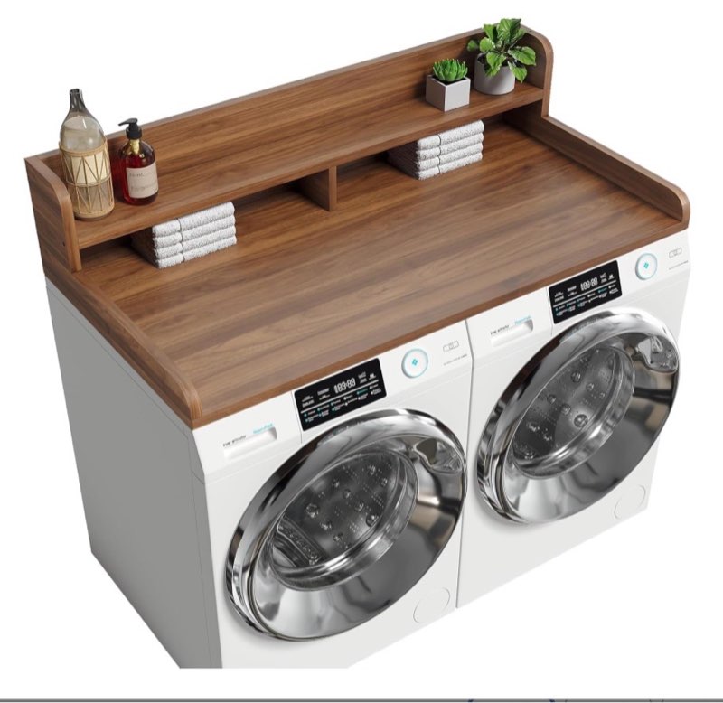 2-Tier Washer Dryer Countertop with 2.75" H Edge Rails, 54" W x 27.55" D Laundry Countertop for Folding Clothes, Washer and Dryer Topper with Non-Slip Pad (Black) Black 2 Tier-54" W x 27.55" D