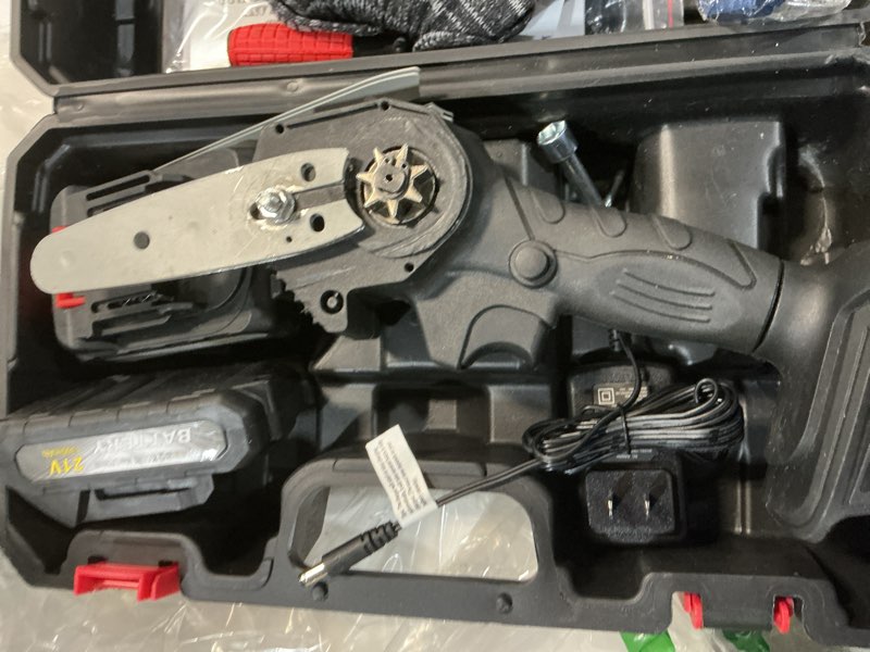 Condition photo showing As Is for mini chainsaw cordless, 4&6 inch electric chainsaw battery powered, handheld chainsaw with 2 batteries & charger, hand chainsaw for tree trimming wood cutting black