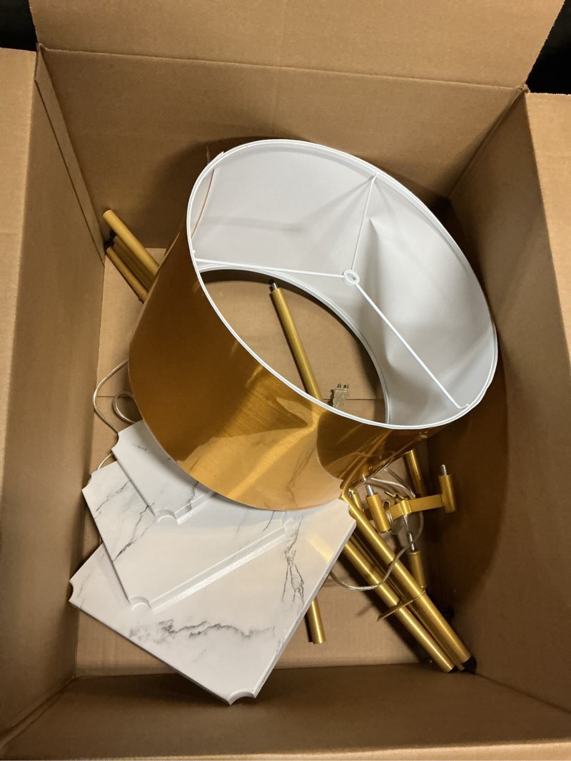 Condition photo showing As Is for ROSEN GARDEN Floor Lamp, Standing Reading Light with Shelves and Gold Shade, Modern Tall Pole Lamp, Accent Furniture Décor Lighting for Living Room, Bedrooms
