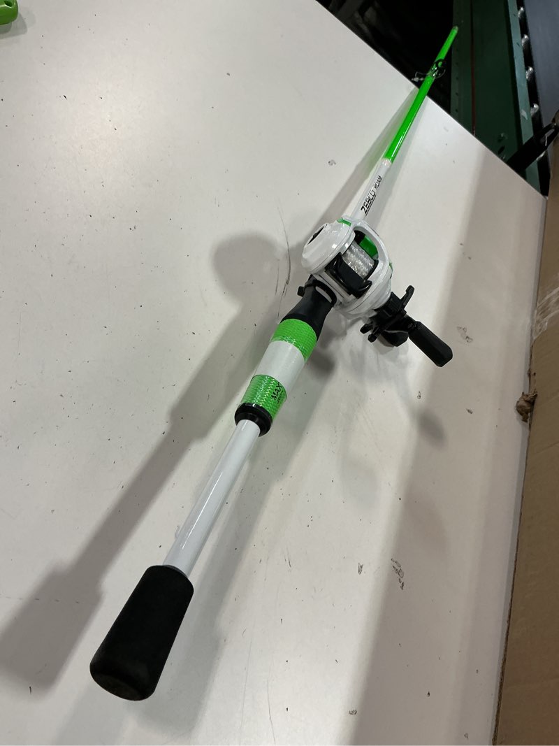 Condition photo showing As Is for Zebco Roam Baitcast Reel and Fishing Rod Combo, 6-Foot 6-Inch 2-Piece Fiberglass Fishing Pole with Split-Grip MaxTac Rod Handle, Lightweight Graphite Frame, Right-Hand Retrieve Green