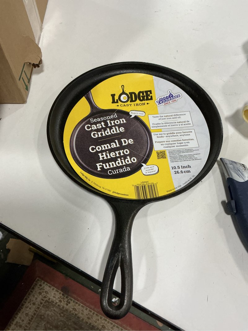 Condition photo showing Good Condition for Lodge L9OG3 Cast Iron Round Griddle, Pre-Seasoned, 10.5-inch - Made in USA, Compatible with Stovetop, Oven, Grill & Campfire