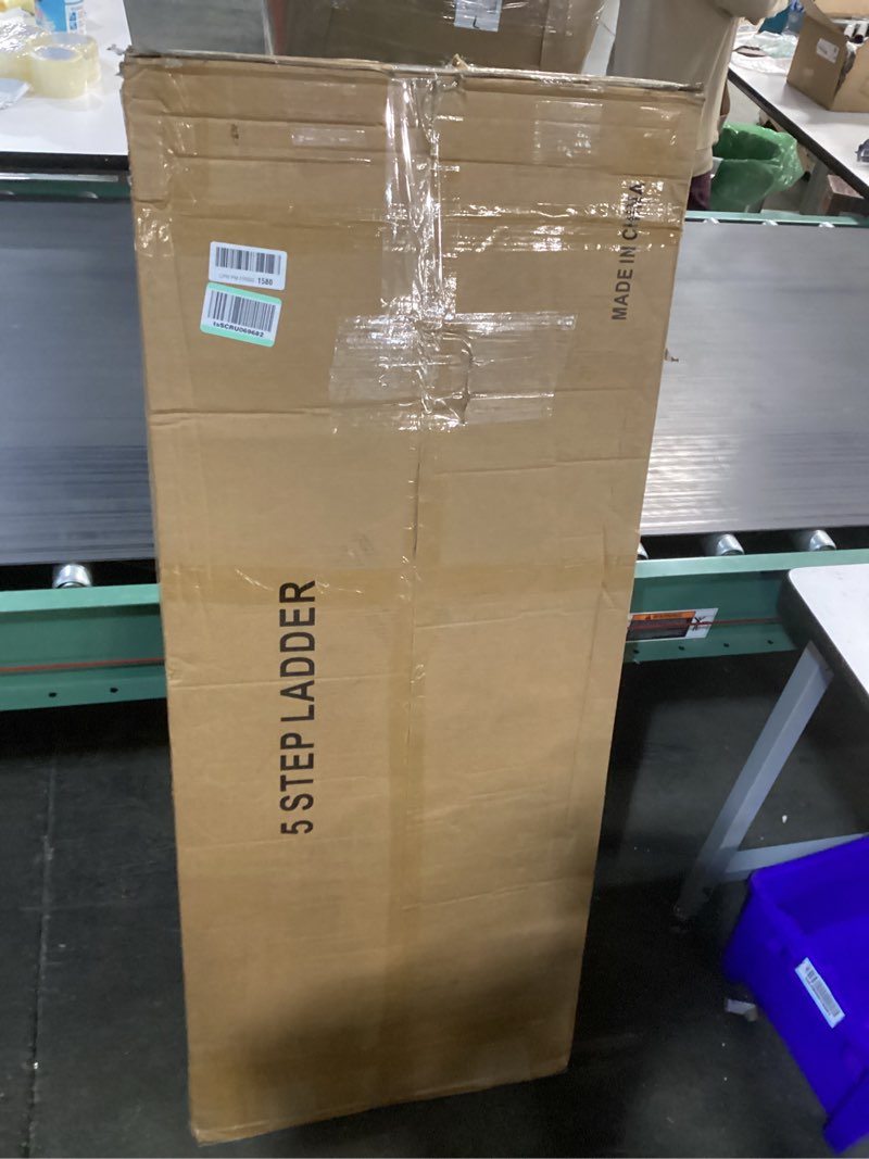Condition photo showing New/Like New for 5 step ladder, protable steel folding stool with wide anti-slip pedal, tool platfor, sturdy steel ladder, black