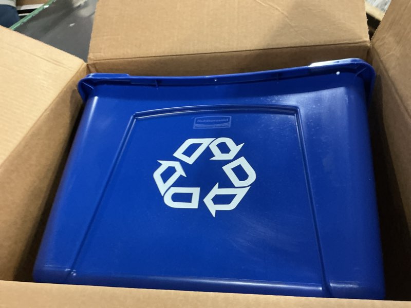 Condition photo showing As Is for Rubbermaid Commercial Products, Recycling Bin/Box, Stackable, 14 GAL, Blue, for Indoors/Outdoors/Garages/Homes/Commercial Facilities