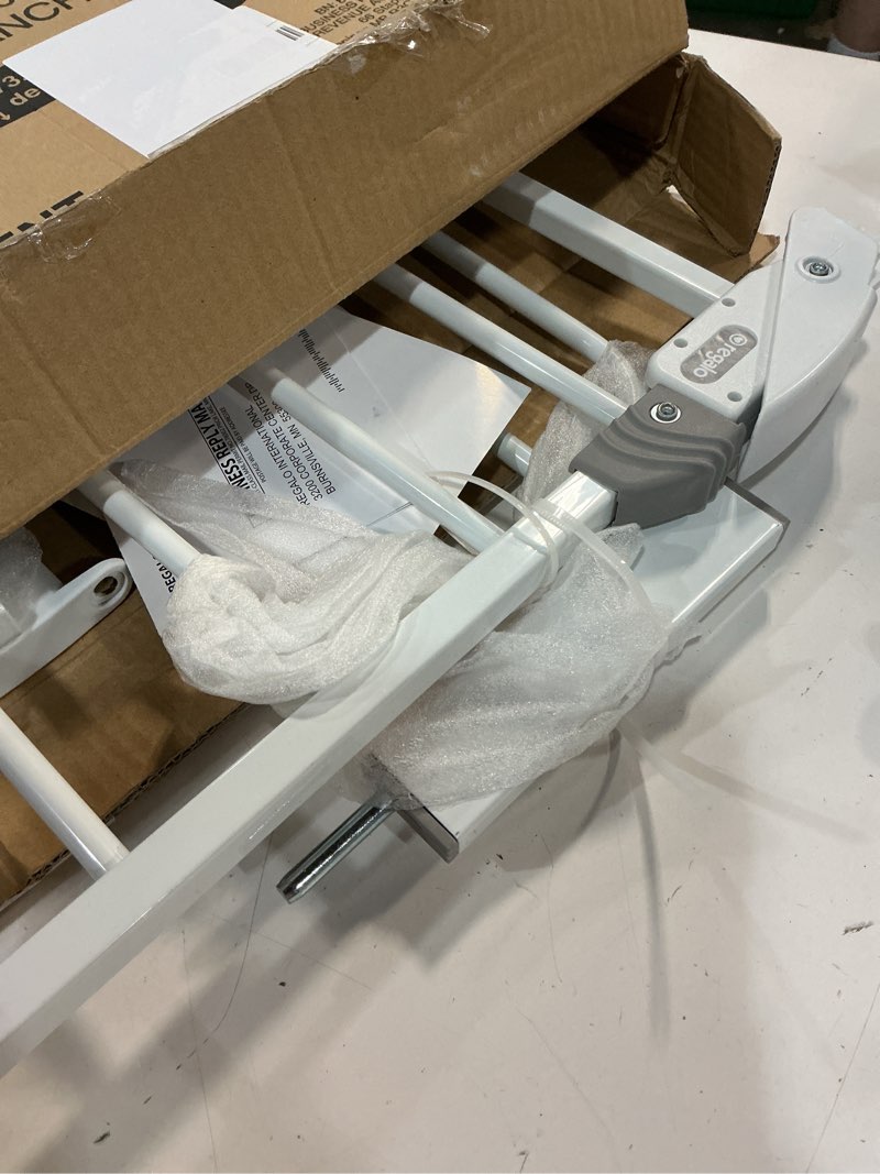 Condition photo showing As Is for regalo safety 38" baby gate for doorways & bottom of stairs, pressure mount design for babies, toddlers & pets, tested & safe for 30 years, american designed, american owned, white white 29-38.5"w x 30"h
