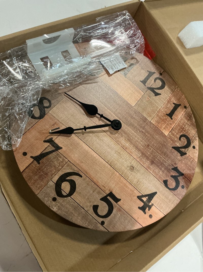 Condition photo showing Good Condition for NIKKY HOME Rustic Farmhouse Wall Clock - 12 Inch Battery Operated Silent Non Ticking Vintage Wooden MDF Clock Home Decor for Kitchen, Living Room, Bedroom, Office MDF Wood 12 Inch