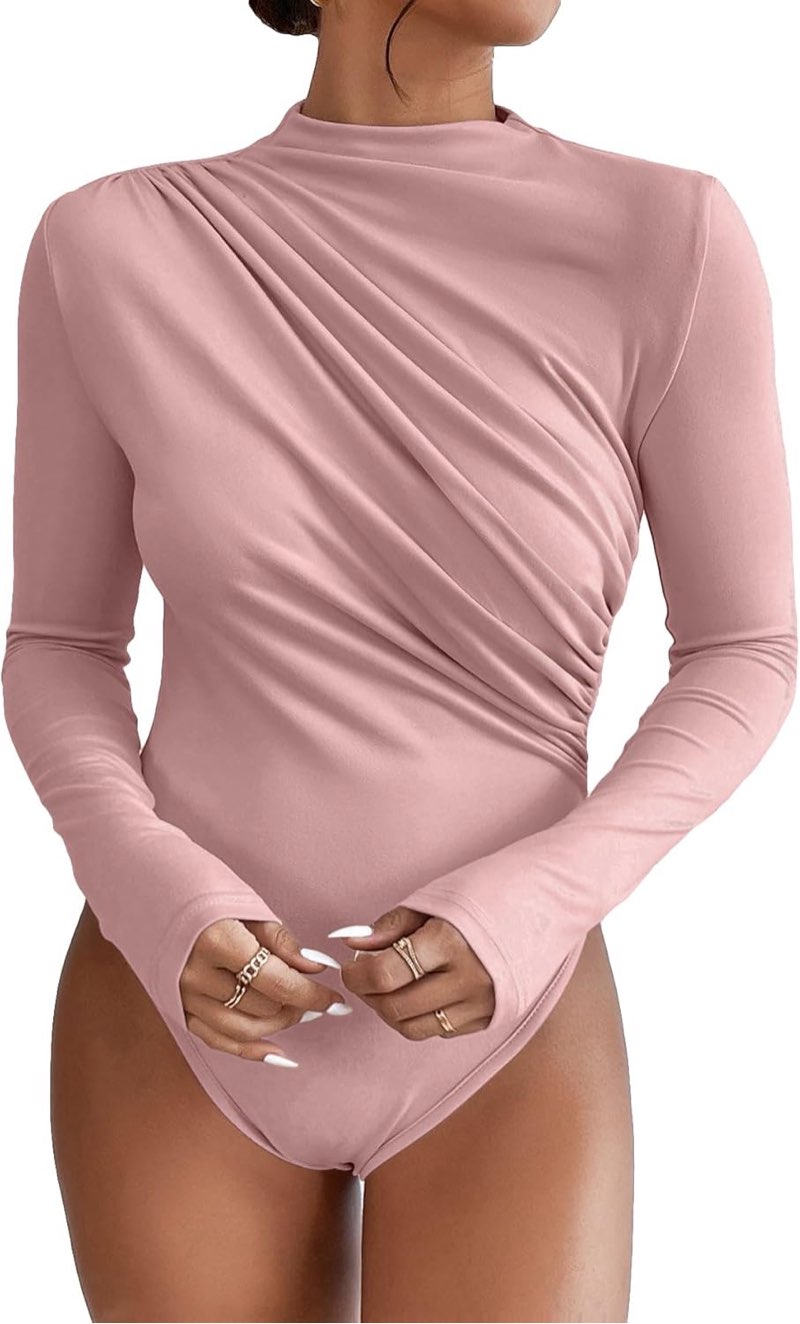sweatyrocks women's bodysuit mock neck casual ruched long sleeve jumpsuit