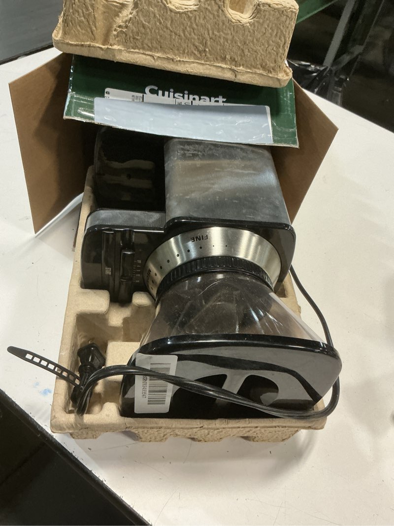 Condition photo showing As Is for cuisinart coffee grinder, electric one-touch automatic burr coffee grinder with 18-position grind selector, cup size selector for 4 – 18 cups, dbm-8p1, black stainless burr mill stainless steel