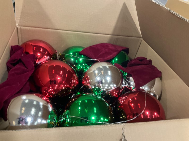 Condition photo showing Good Condition for 2 Pcs Lighted Giant Christmas Ball Ornament Garlands, with 18 Pcs 6" Christmas Ball Ornament, String Light, Large Velvet Bow for Outdoor Indoor Porch Xmas Tree Banister Decor(Multicolor)
