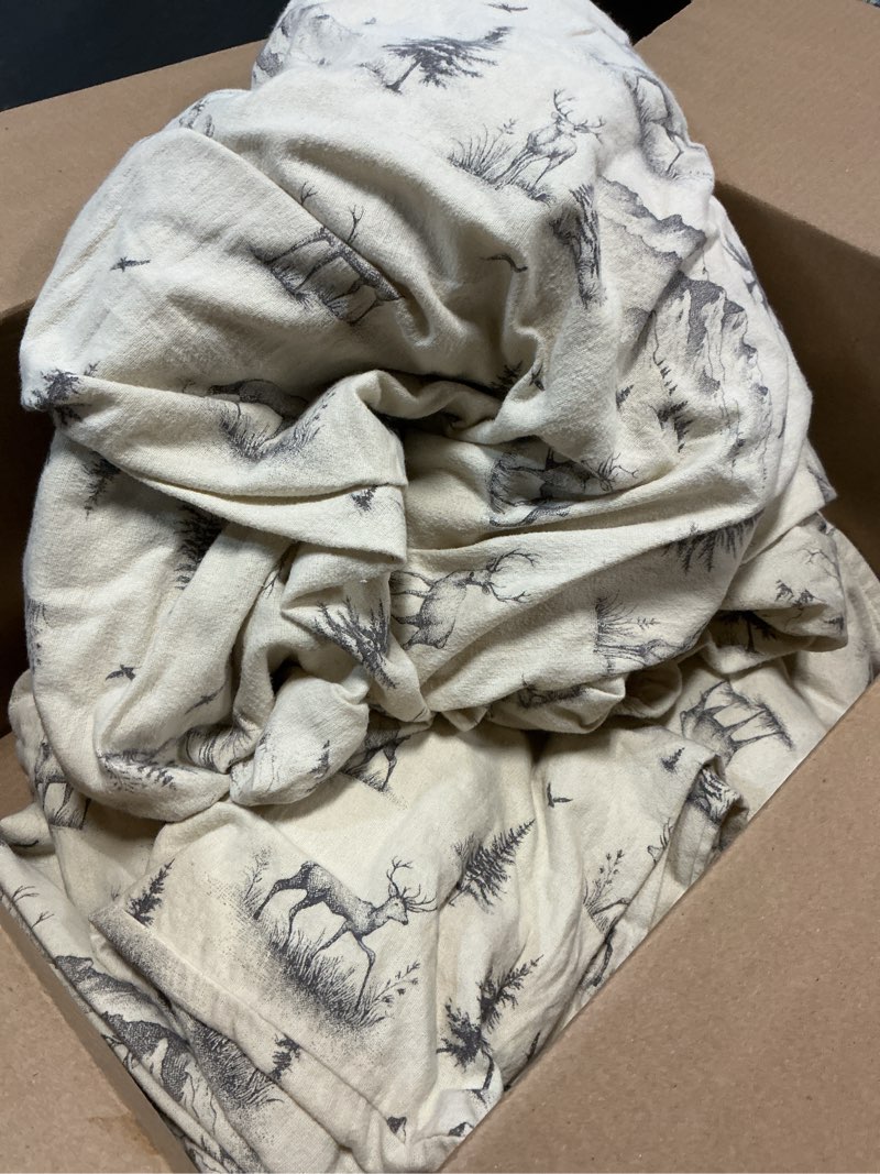Condition photo showing As Is for woolrich cotton sheet set cottage charms print, 100% cotton flannel sheets warm & fuzzy bedding set king size sheets, fitted pocket fits up to 14" mattress, king gray deer toile 4 piece