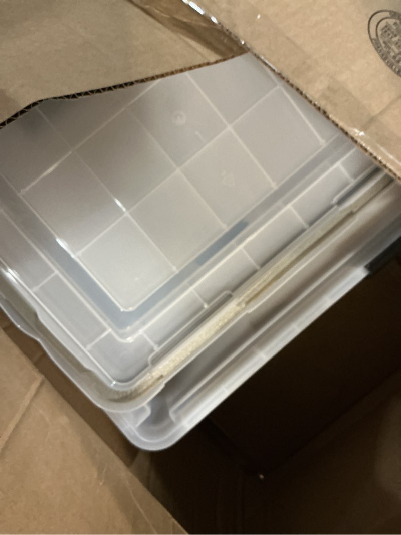 Condition photo showing As Is for iris usa file box weatherpro file organizer plastic file box for letter/legal file, water resistant document box, durable lid, seal w/secure latching buckles, stackable, nestable, clear 32 qt. 4pack weatherpro - 4 pack